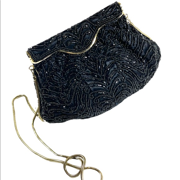 Vintage 1960s GOLDCO Fancy black seed bead evening bag gold hardware - Picture 3 of 12